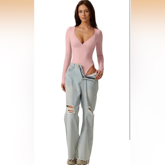 WomenLong Sleeve Bodysuit V Neck Body Suits Seamed Cup Going Out Tops Shirt L - Picture 2 of 4